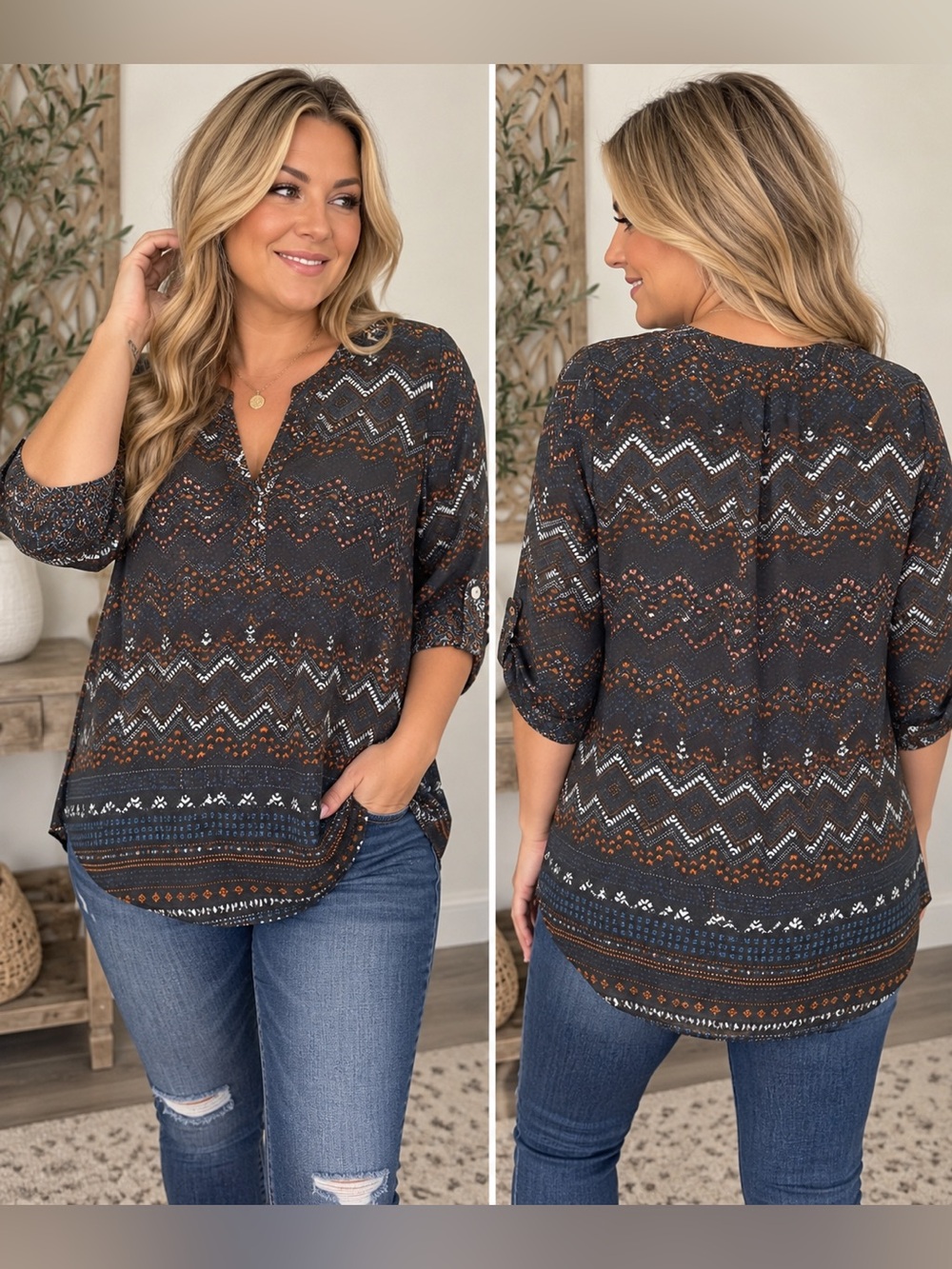 Notations XL Boho Geometric Print 3/4 Sleeve Tunic Blouse